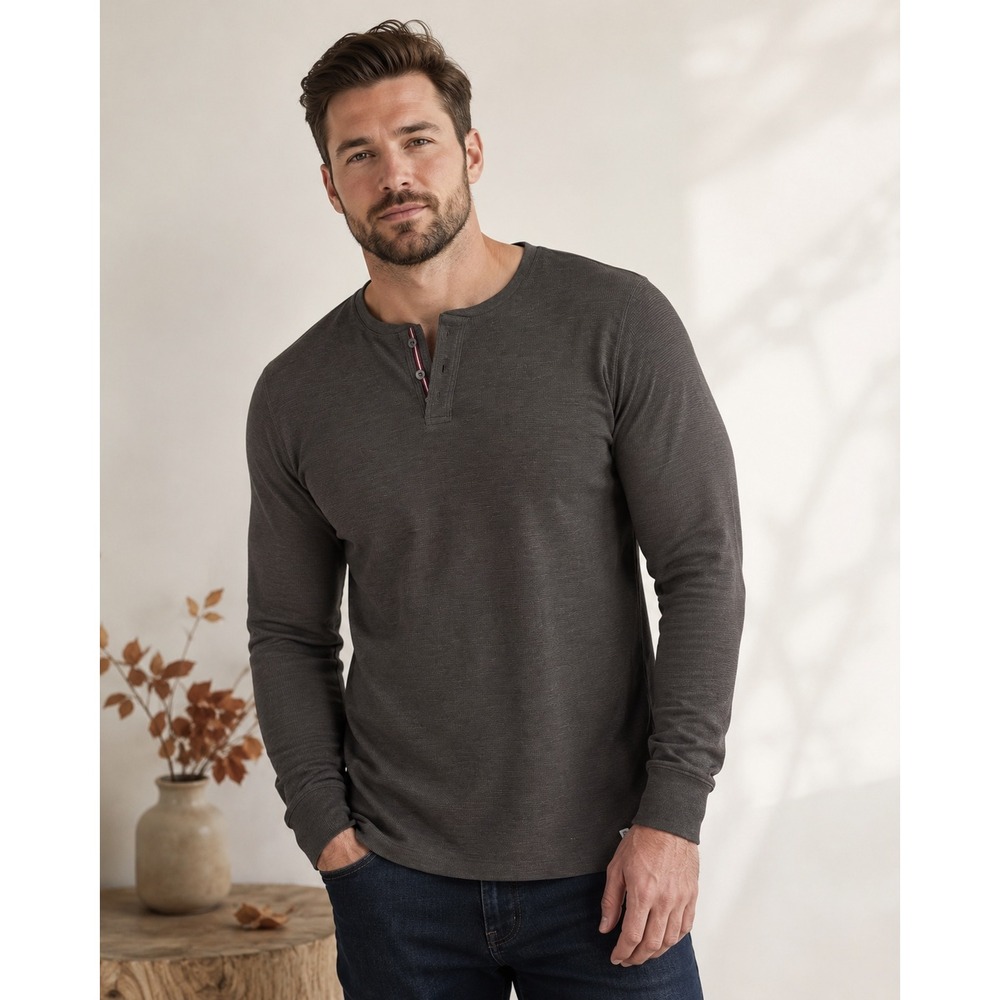 International Report Mens Henley Long Sleeve Shirt Gray Brown XL Waffle Layering